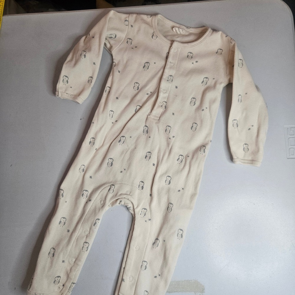 Quincy Mae Organic Cotton Owl Print Ribbed Romper Cream 6-12M QMAW25 WXQH
